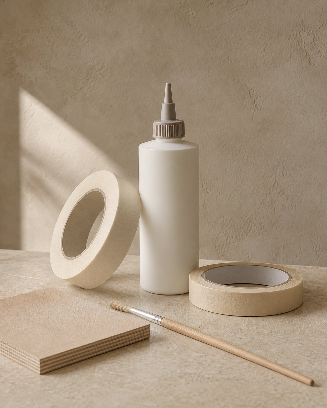 Wood adhesive, paper masking tapes and a brush arranged beside a plywood sample