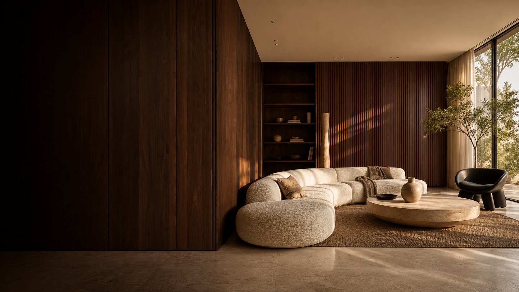 A considered contemporary living room with walnut wall panels, textured louvers and warm ivory furniture