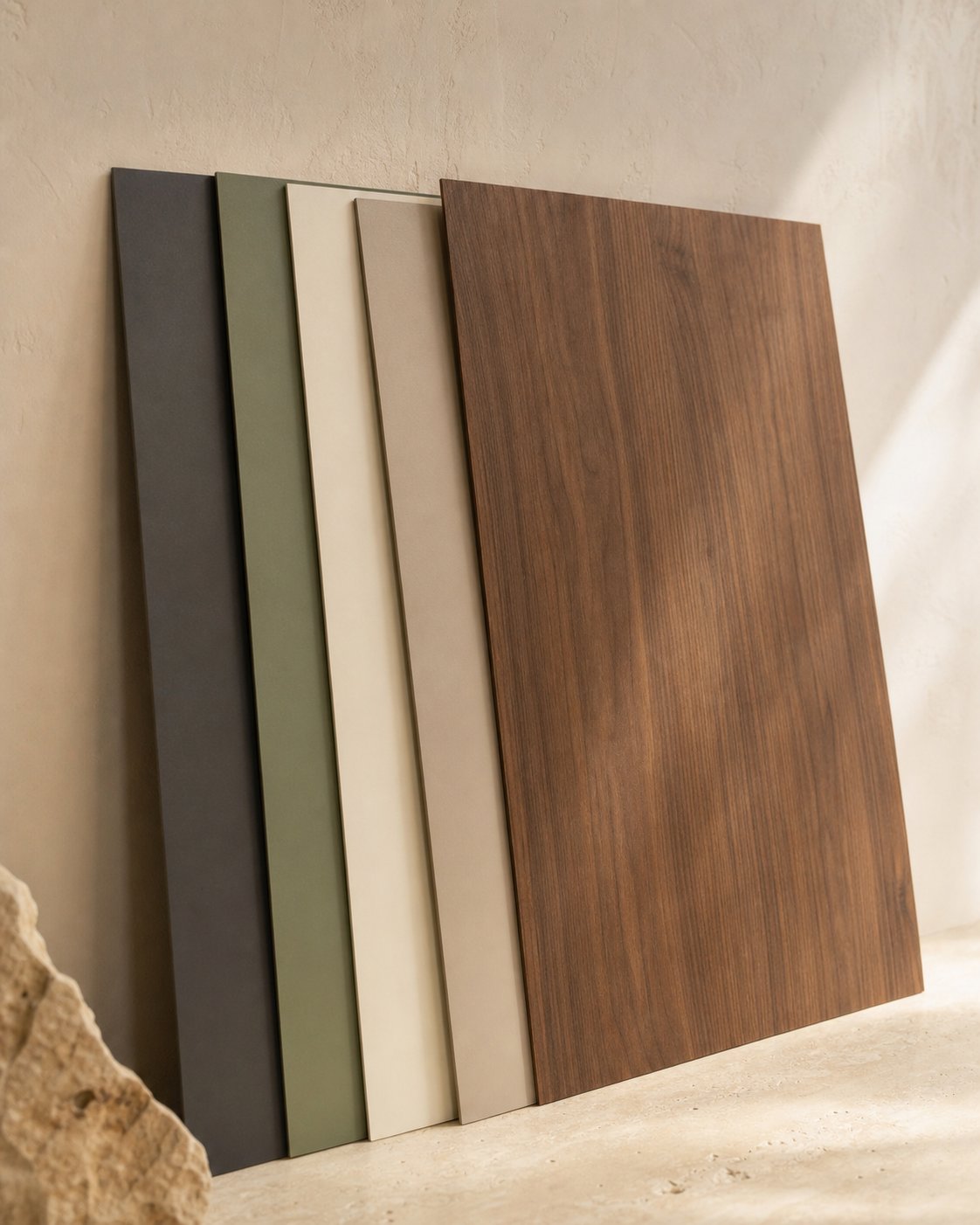 Decorative laminate samples in walnut woodgrain, olive, taupe and warm neutral finishes