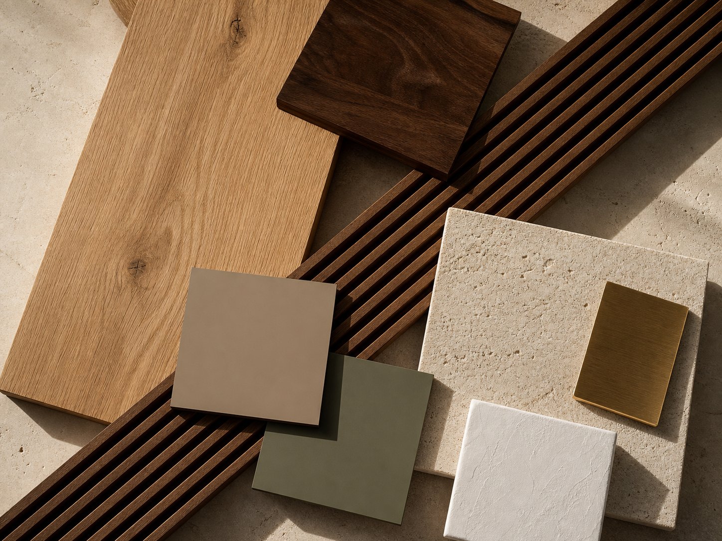 A coordinated palette of wood, laminate, fluted surfaces and warm neutral material samples